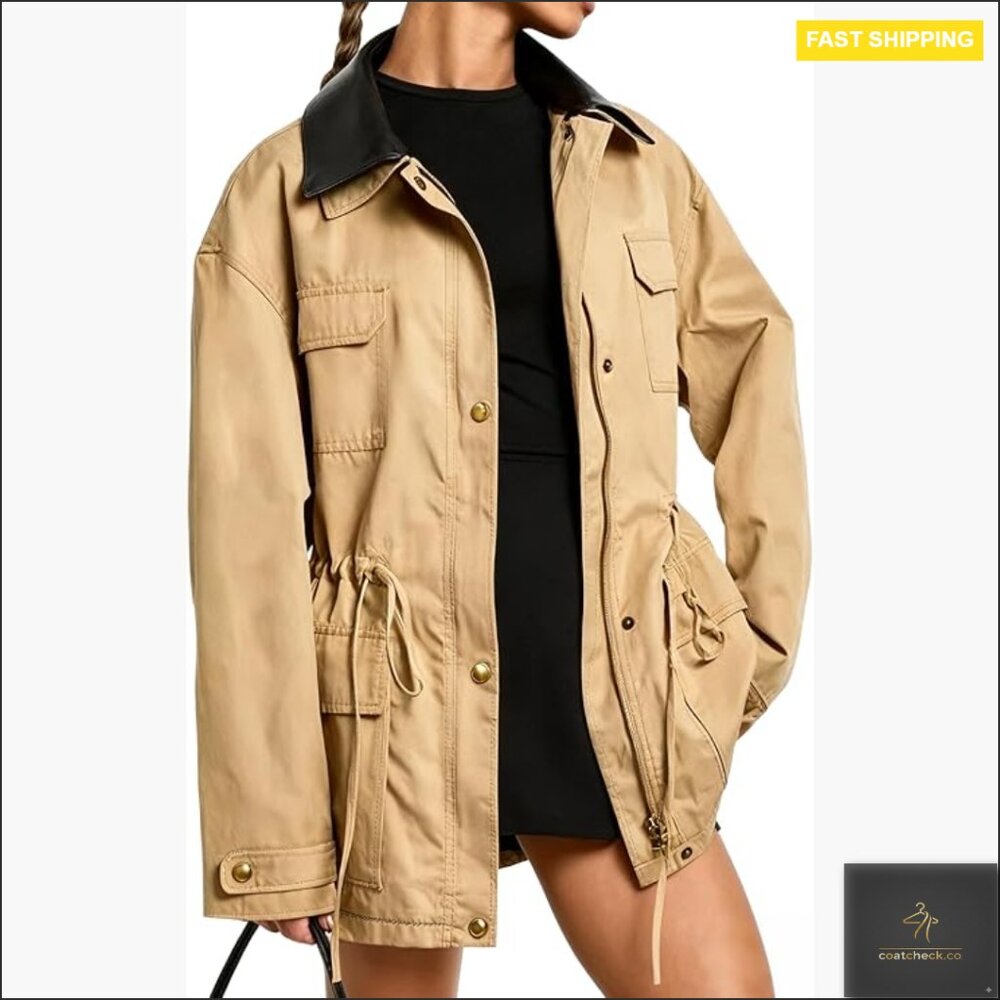 Faux Leather Collar Utility Jacket Drawstring Waist Casual Outerwear Trendy